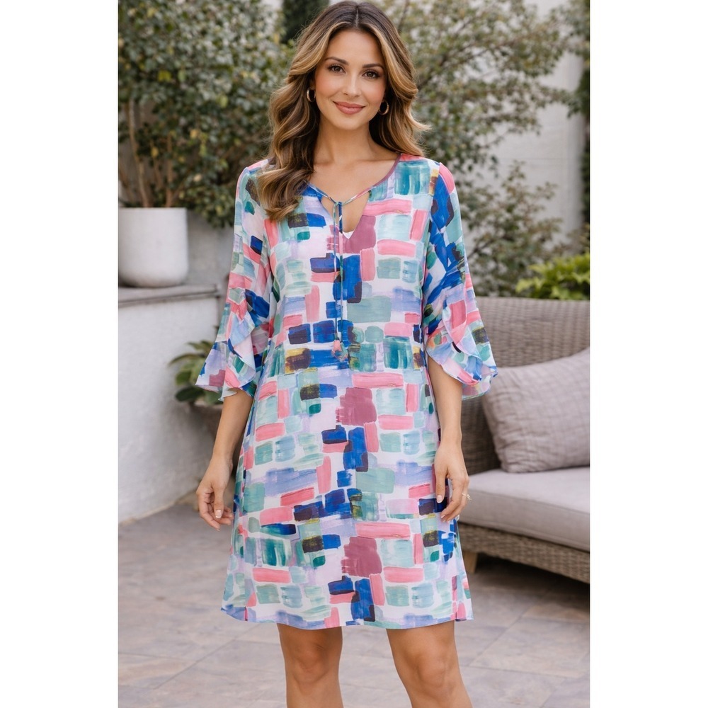Jade Melody Tam Multi Color Abstract Painting Ruffle Sleeve Shift Dress Size Sma